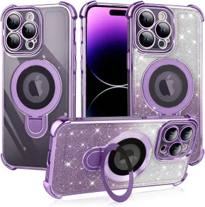 ZIYE Magnetic Case for iPhone 13 Pro Max with Kickstand [Compatible with MagSafe] with Camera Lens Protector & Raised Reinforced Corners, Glitter Luxury Plating Cute Bling Case for Women 6.7" Purple