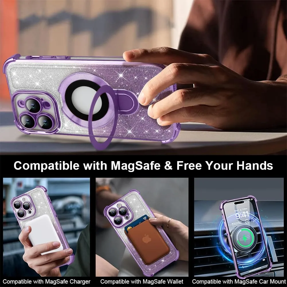 ZIYE Magnetic Case for iPhone 15 Pro Max with Kickstand [Compatible with MagSafe] with Camera Lens Protector & Raised Reinforced Corners, Glitter Luxury Cute Case for Women 6.7" Purple