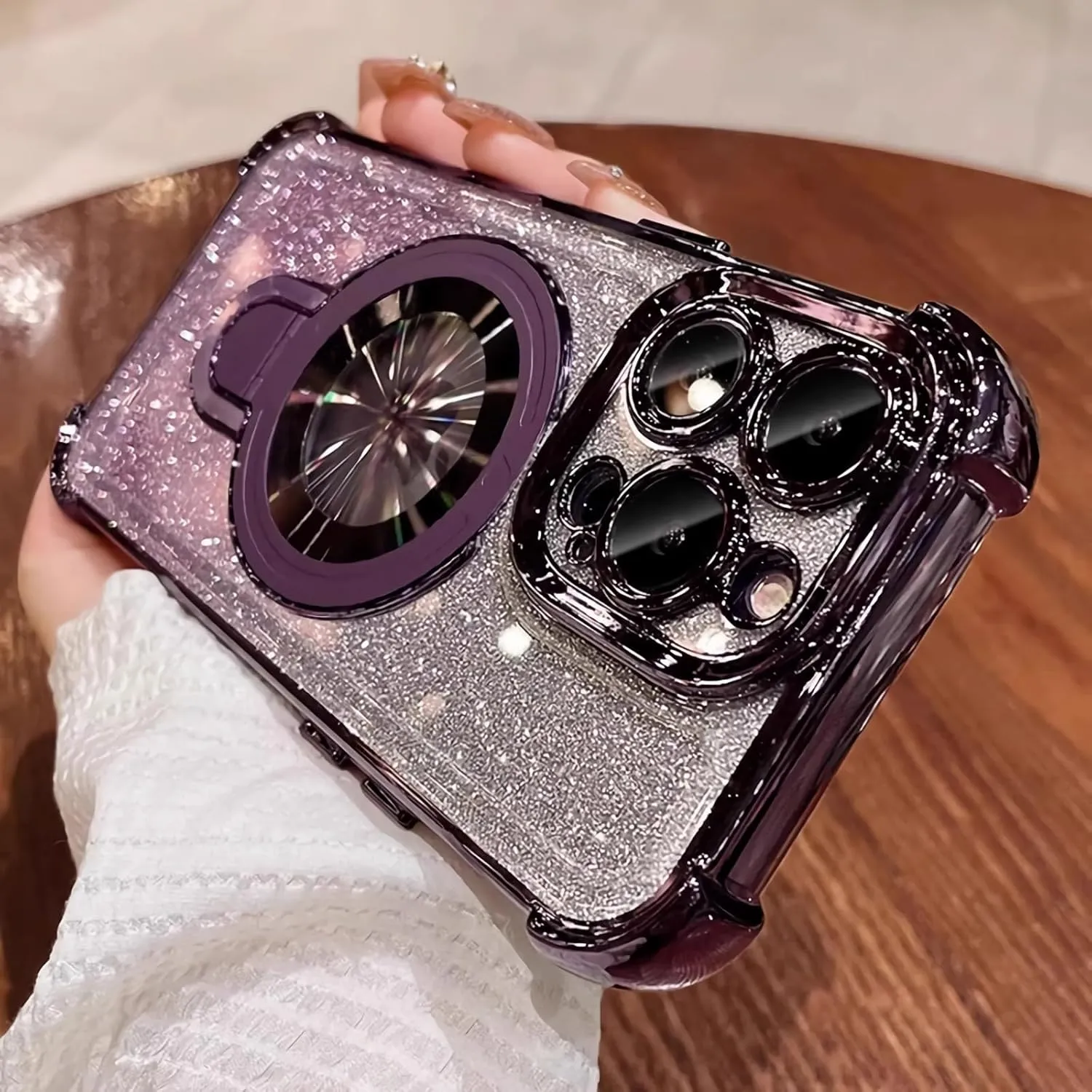 ZIYE Magnetic Case for iPhone 15 Pro Max with Kickstand [Compatible with MagSafe] with Camera Lens Protector & Raised Reinforced Corners, Glitter Luxury Cute Case for Women 6.7" Purple