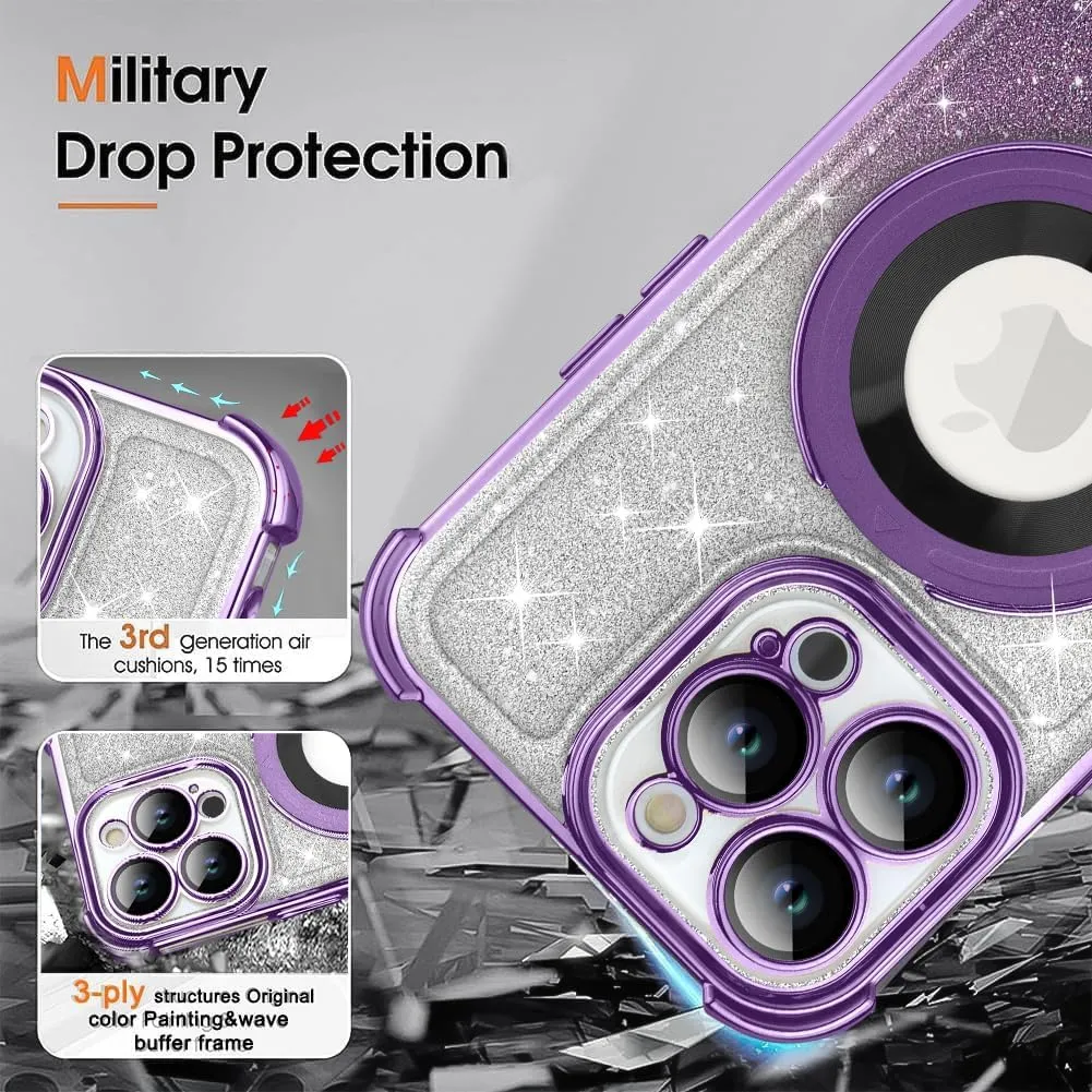 ZIYE Magnetic Case for iPhone 15 Pro Max with Kickstand [Compatible with MagSafe] with Camera Lens Protector & Raised Reinforced Corners, Glitter Luxury Cute Case for Women 6.7" Purple