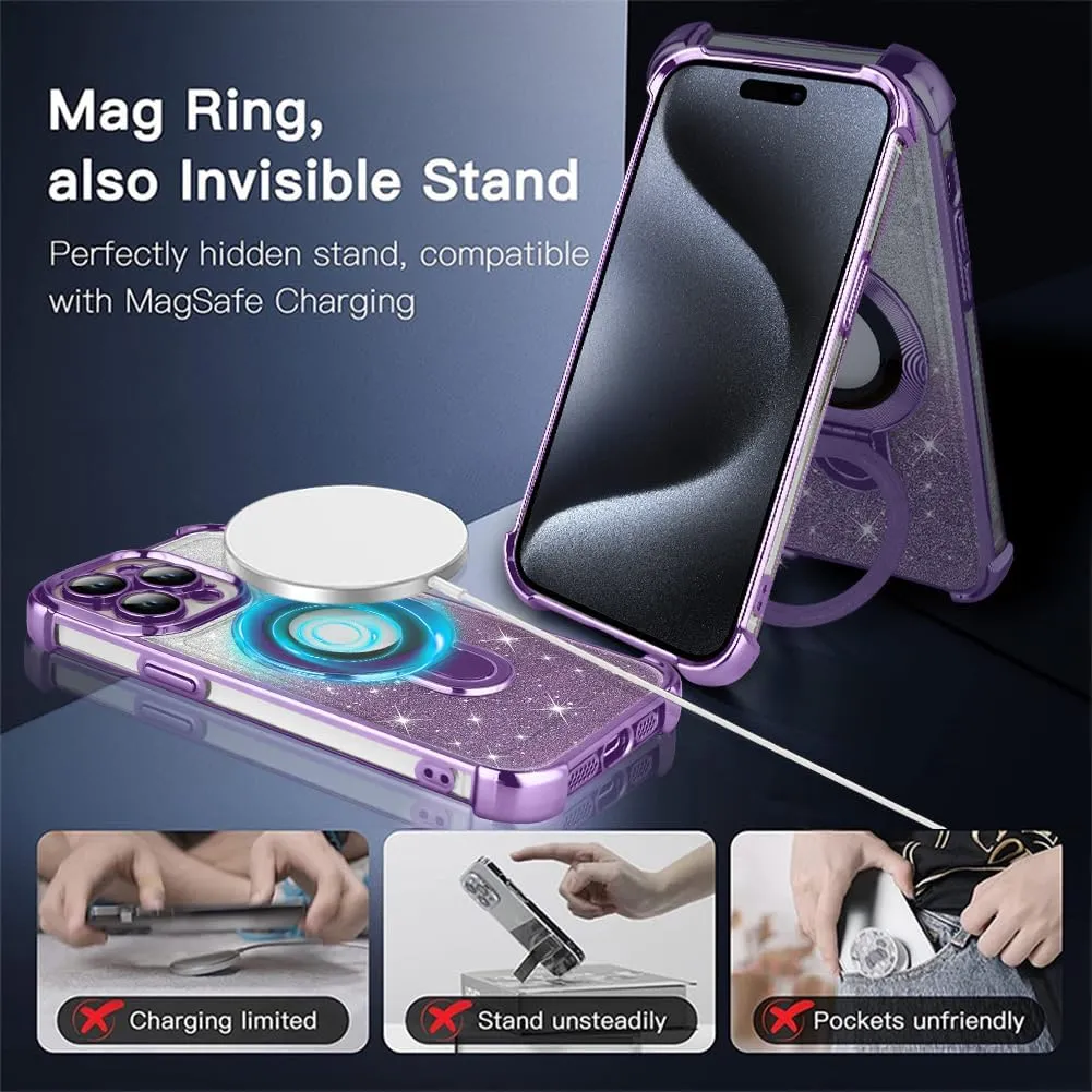 ZIYE Magnetic Case for iPhone 15 Pro Max with Kickstand [Compatible with MagSafe] with Camera Lens Protector & Raised Reinforced Corners, Glitter Luxury Cute Case for Women 6.7" Purple