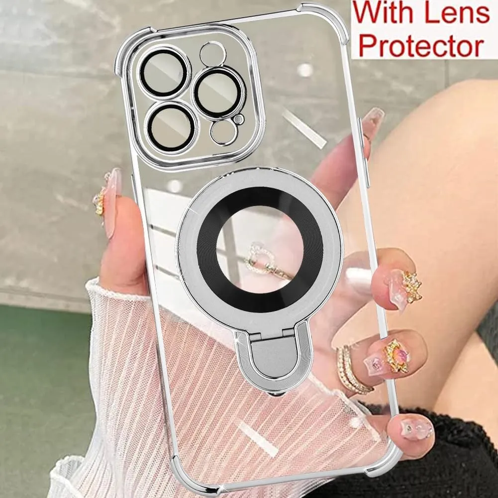 ZIYE Magnetic Case for iPhone 15 Pro Max with Kickstand [Compatible with MagSafe] with Camera Lens Protector & Raised Reinforced Corners, Glitter Luxury Cute Case for Women 6.7" Silver