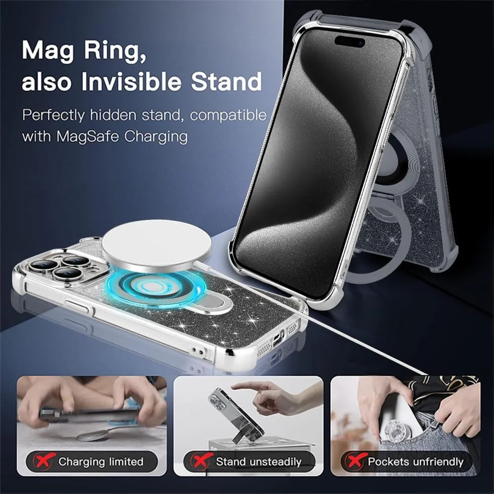 ZIYE Magnetic Case for iPhone 15 Pro Max with Kickstand [Compatible with MagSafe] with Camera Lens Protector & Raised Reinforced Corners, Glitter Luxury Cute Case for Women 6.7" Silver
