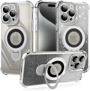 ZIYE Magnetic Case for iPhone 15 Pro Max with Kickstand [Compatible with MagSafe] with Camera Lens Protector & Raised Reinforced Corners, Glitter Luxury Cute Case for Women 6.7" Silver