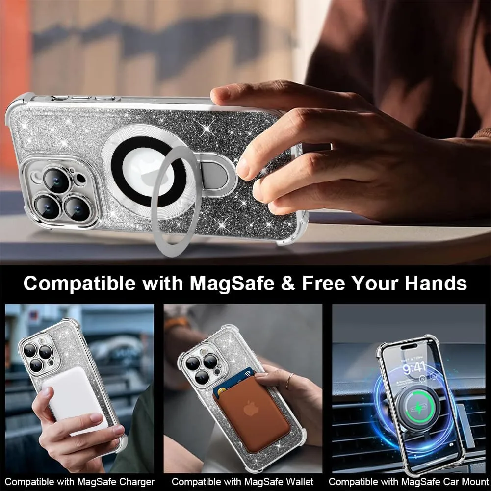 ZIYE Magnetic Case for iPhone 15 Pro Max with Kickstand [Compatible with MagSafe] with Camera Lens Protector & Raised Reinforced Corners, Glitter Luxury Cute Case for Women 6.7" Silver