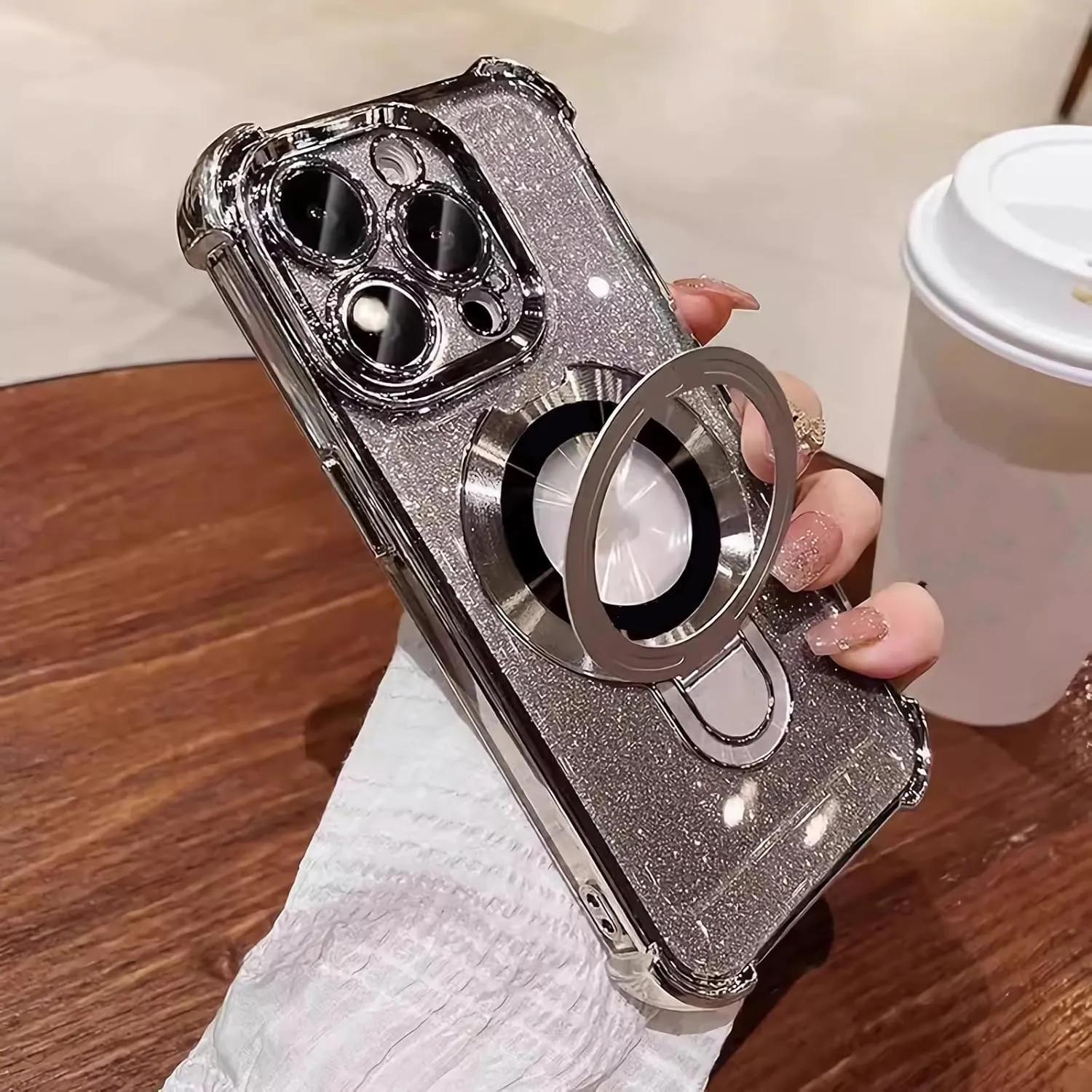 ZIYE Magnetic Case for iPhone 15 Pro Max with Kickstand [Compatible with MagSafe] with Camera Lens Protector & Raised Reinforced Corners, Glitter Luxury Cute Case for Women 6.7" Silver