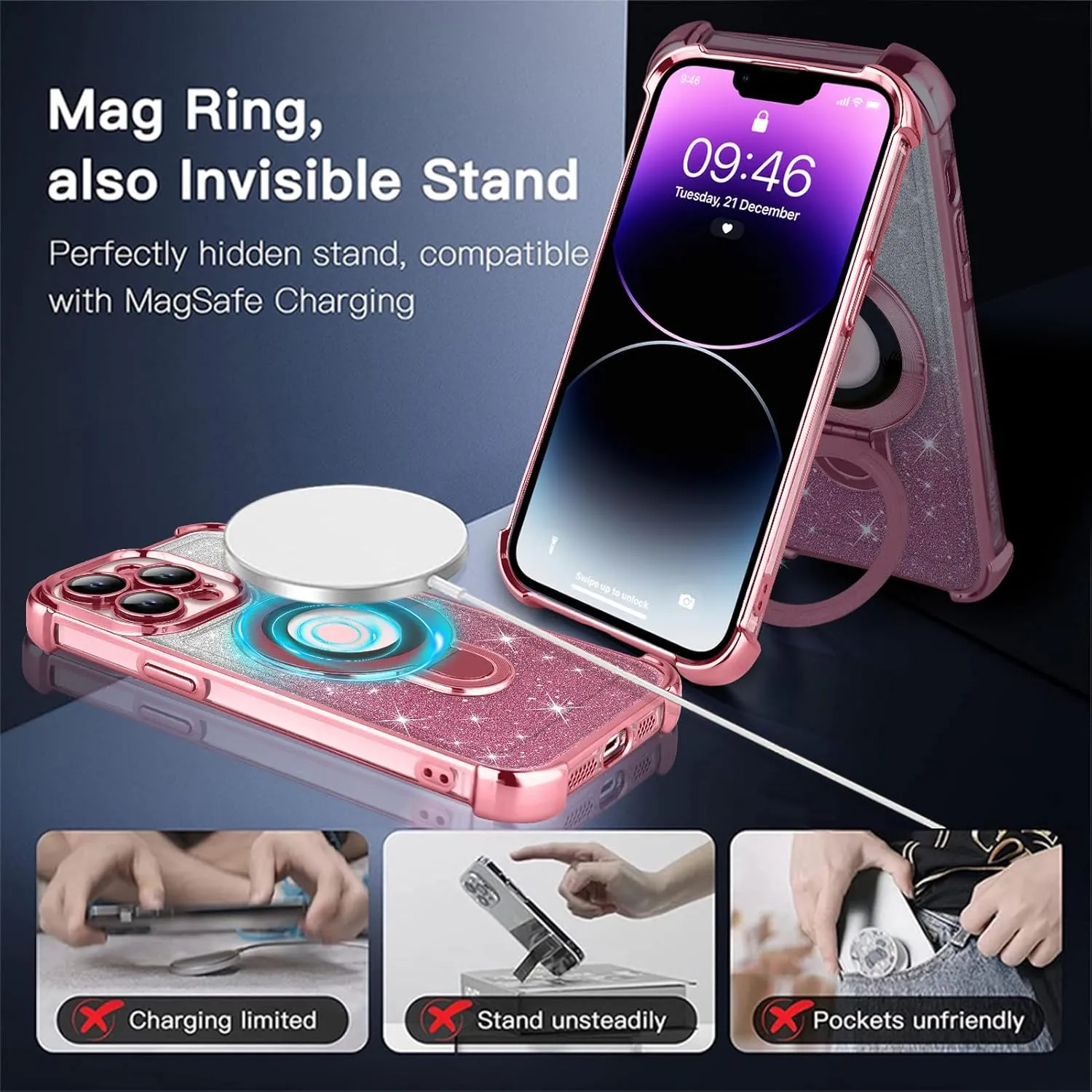 ZIYE Magnetic Case for iPhone 15 Pro Max with Kickstand [Compatible with MagSafe] with Camera Lens Protector & Raised Reinforced Corners, Glitter Luxury Plating Cute Bling Case for Women 6.7" Pink