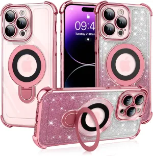 ZIYE Magnetic Case for iPhone 15 Pro Max with Kickstand [Compatible with MagSafe] with Camera Lens Protector & Raised Reinforced Corners, Glitter Luxury Plating Cute Bling Case for Women 6.7" Pink