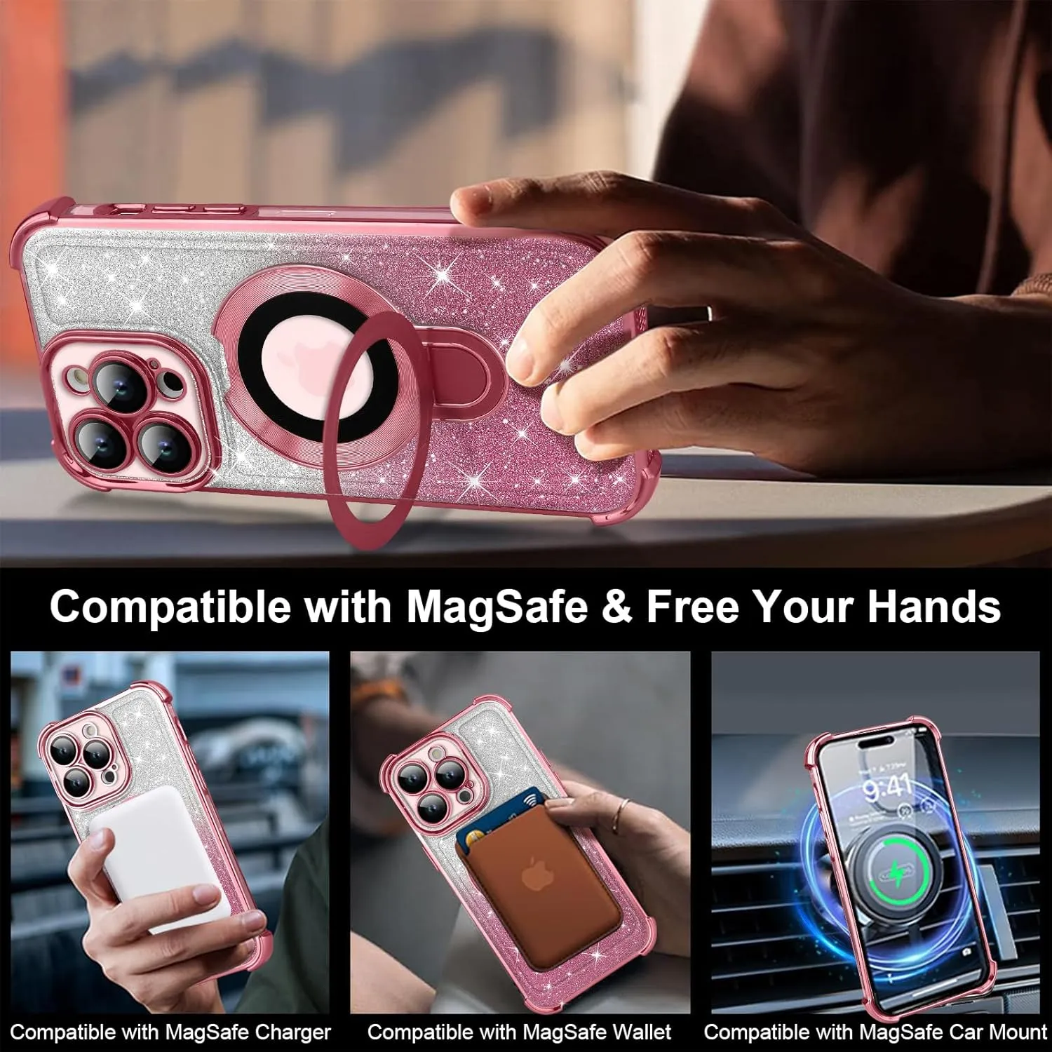 ZIYE Magnetic Case for iPhone 15 Pro Max with Kickstand [Compatible with MagSafe] with Camera Lens Protector & Raised Reinforced Corners, Glitter Luxury Plating Cute Bling Case for Women 6.7" Pink