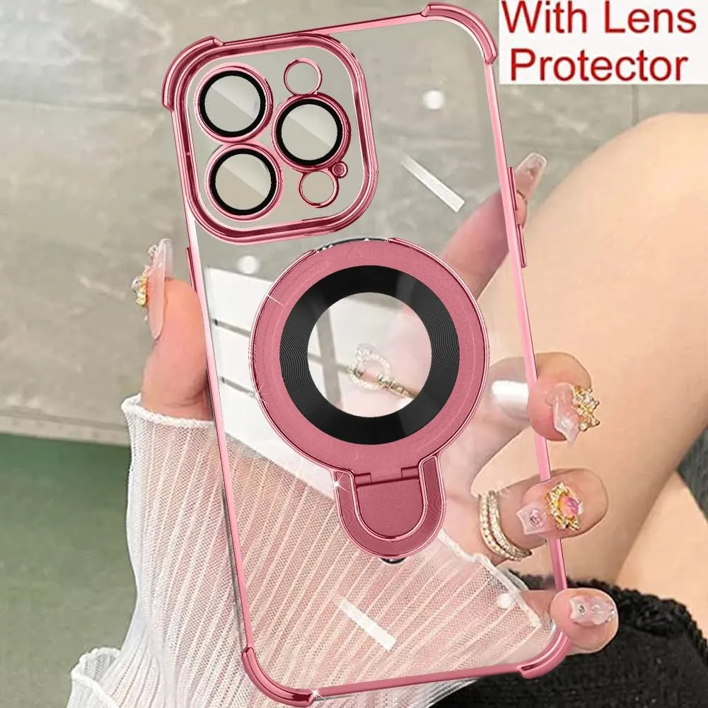 ZIYE Magnetic Case for iPhone 15 Pro Max with Kickstand [Compatible with MagSafe] with Camera Lens Protector & Raised Reinforced Corners, Glitter Luxury Plating Cute Bling Case for Women 6.7" Pink