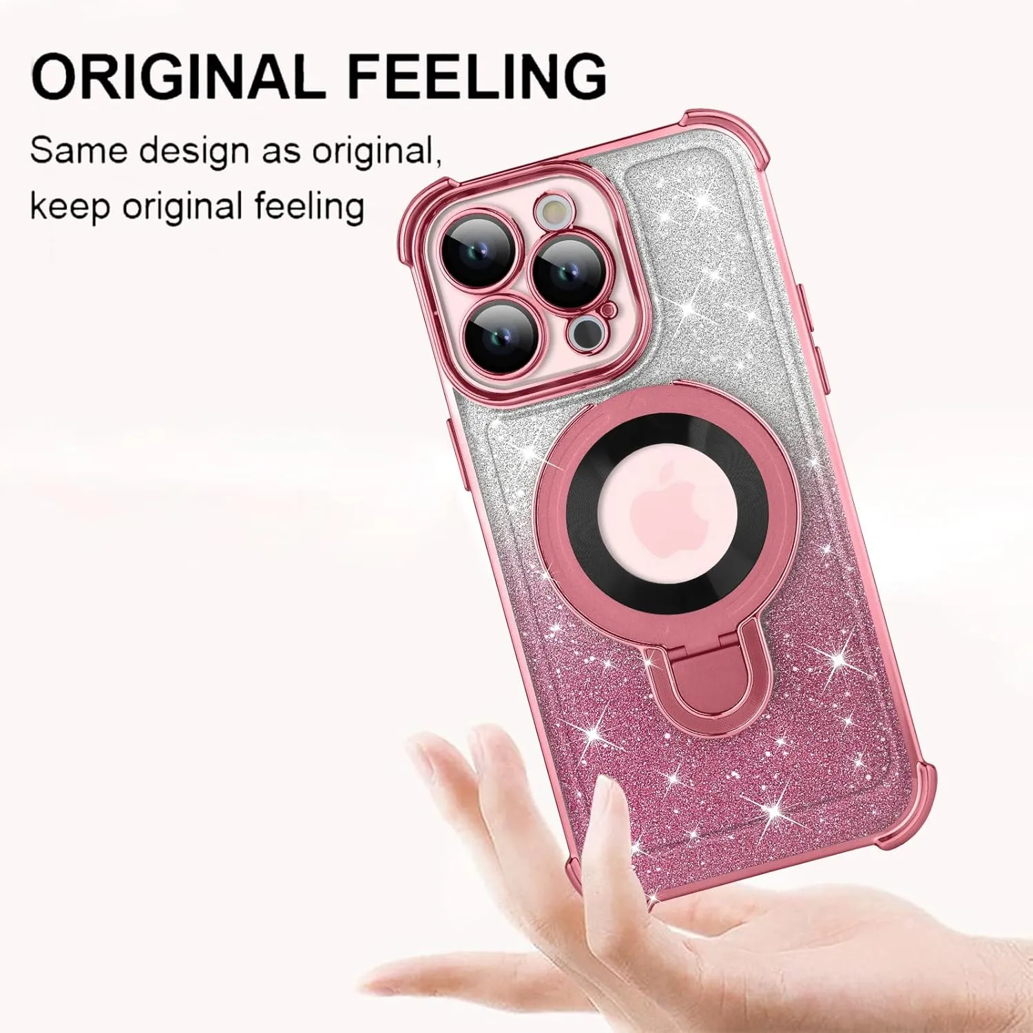 ZIYE Magnetic Case for iPhone 15 Pro Max with Kickstand [Compatible with MagSafe] with Camera Lens Protector & Raised Reinforced Corners, Glitter Luxury Plating Cute Bling Case for Women 6.7" Pink
