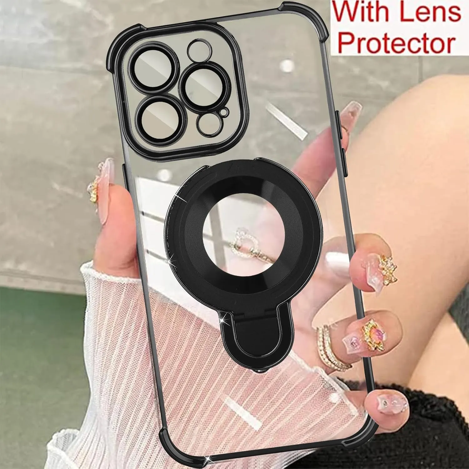 ZIYE Magnetic Stand for iPhone 12 Pro Max Case with Camera Lens Protector [Compatible with MagSafe], Military-Grade Shockproof Glitter Luxury Cute Kickstand Cover for Girly Women 6.7"(Black)
