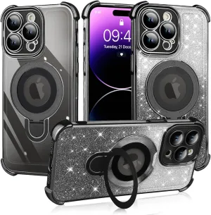 ZIYE Magnetic Stand for iPhone 12 Pro Max Case with Camera Lens Protector [Compatible with MagSafe], Military-Grade Shockproof Glitter Luxury Cute Kickstand Cover for Girly Women 6.7"(Black)