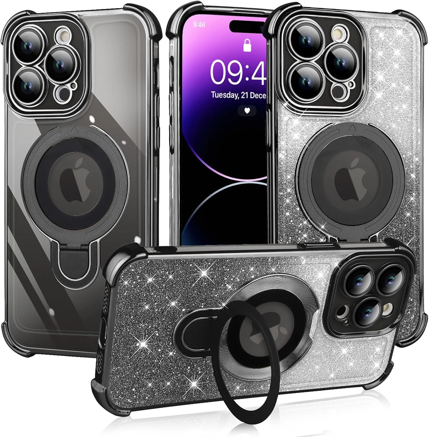 ZIYE Magnetic Stand for iPhone 12 Pro Max Case with Camera Lens Protector [Compatible with MagSafe], Military-Grade Shockproof Glitter Luxury Cute Kickstand Cover for Girly Women 6.7"(Black)