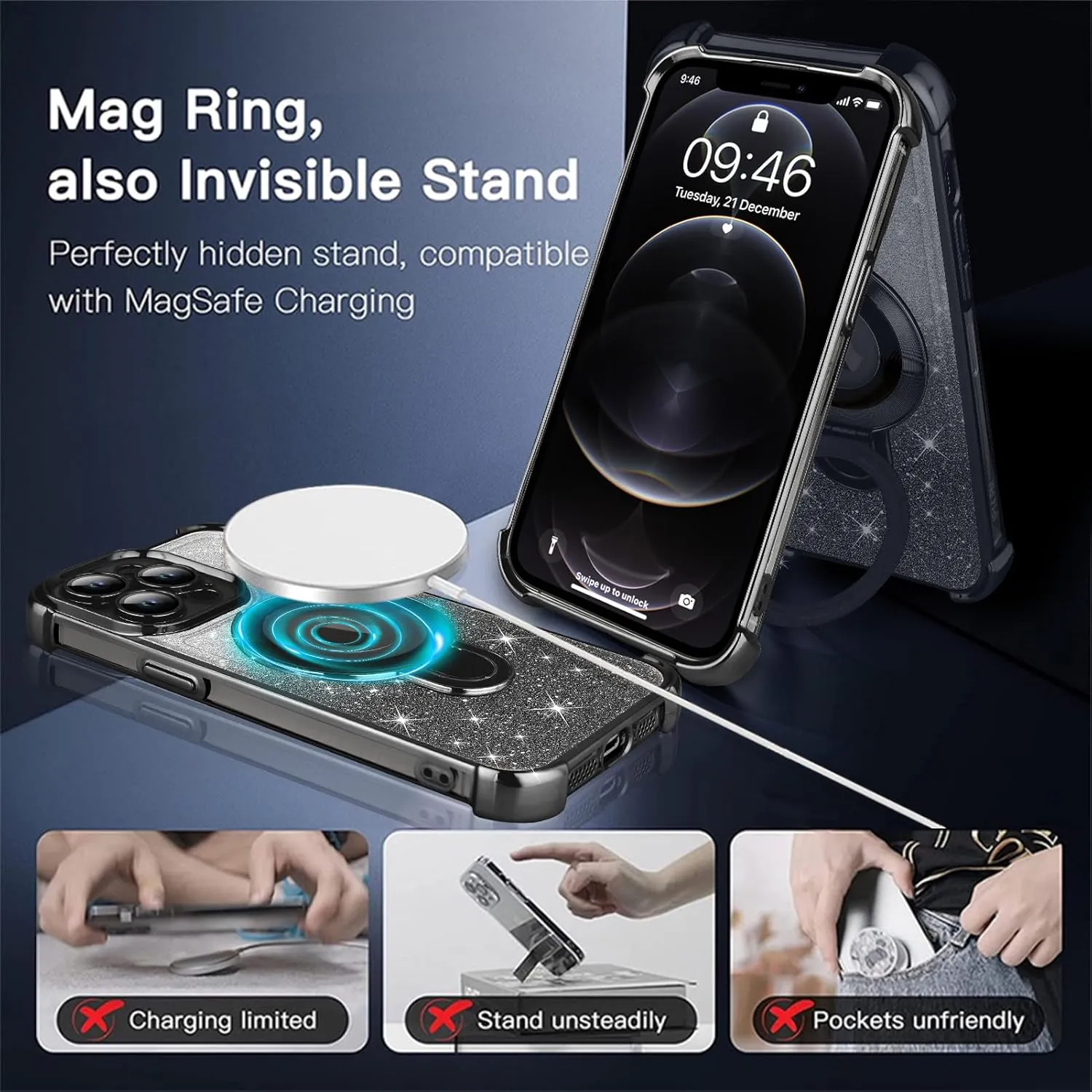 ZIYE Magnetic Stand for iPhone 12 Pro Max Case with Camera Lens Protector [Compatible with MagSafe], Military-Grade Shockproof Glitter Luxury Cute Kickstand Cover for Girly Women 6.7"(Black)